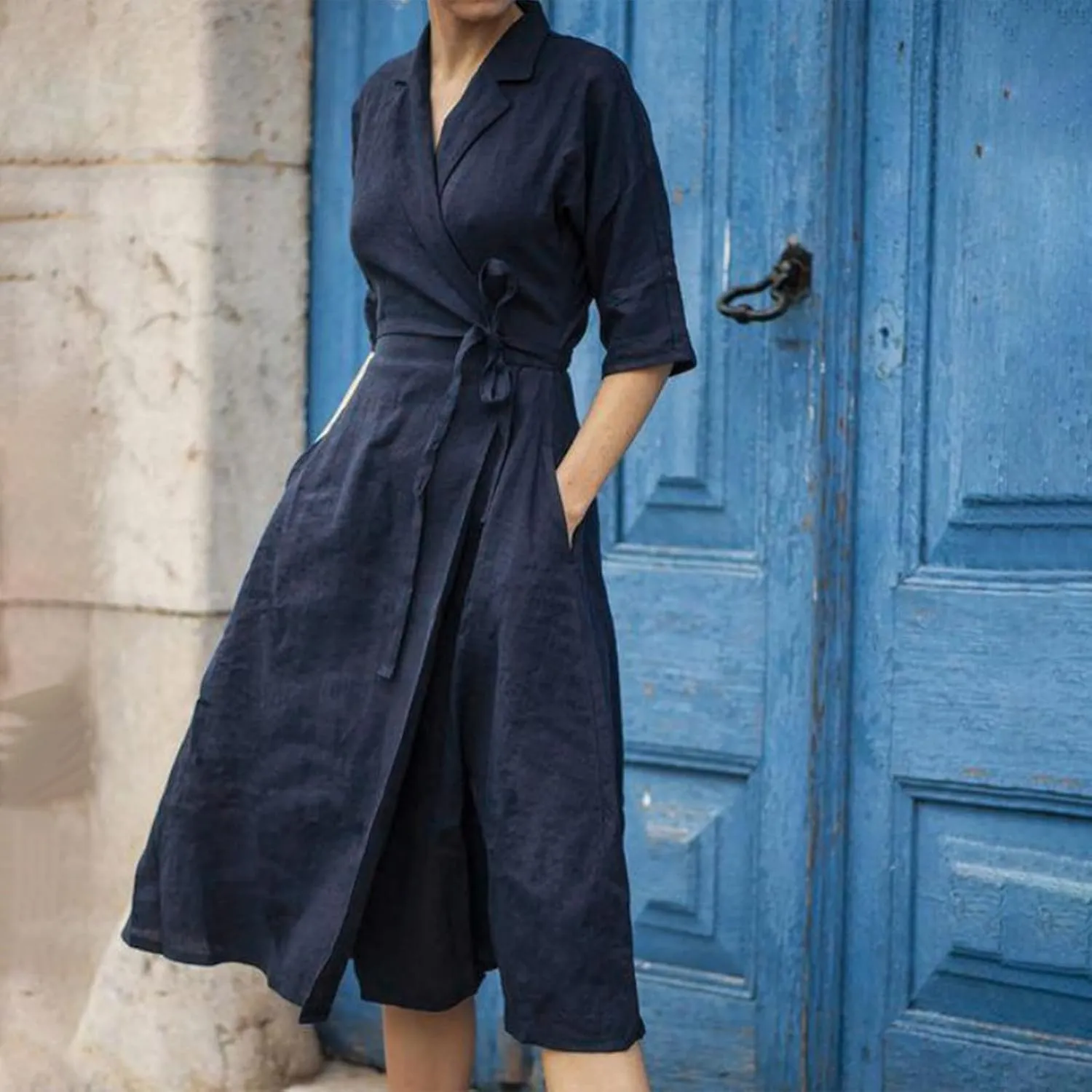 Women Summer Cotton Linen Dresses Wrap V Neck Tie Waist Half Sleeve Casual Elegant Formal Work Shirt Dress with Pocket