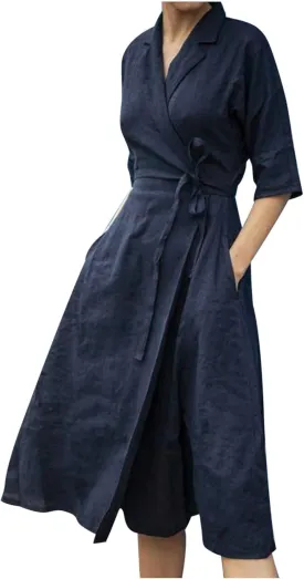 Women Summer Cotton Linen Dresses Wrap V Neck Tie Waist Half Sleeve Casual Elegant Formal Work Shirt Dress with Pocket