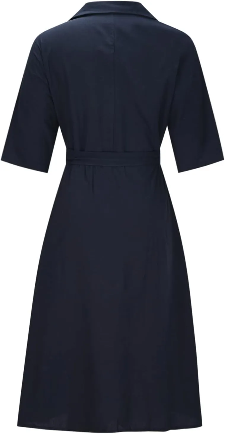Women Summer Cotton Linen Dresses Wrap V Neck Tie Waist Half Sleeve Casual Elegant Formal Work Shirt Dress with Pocket