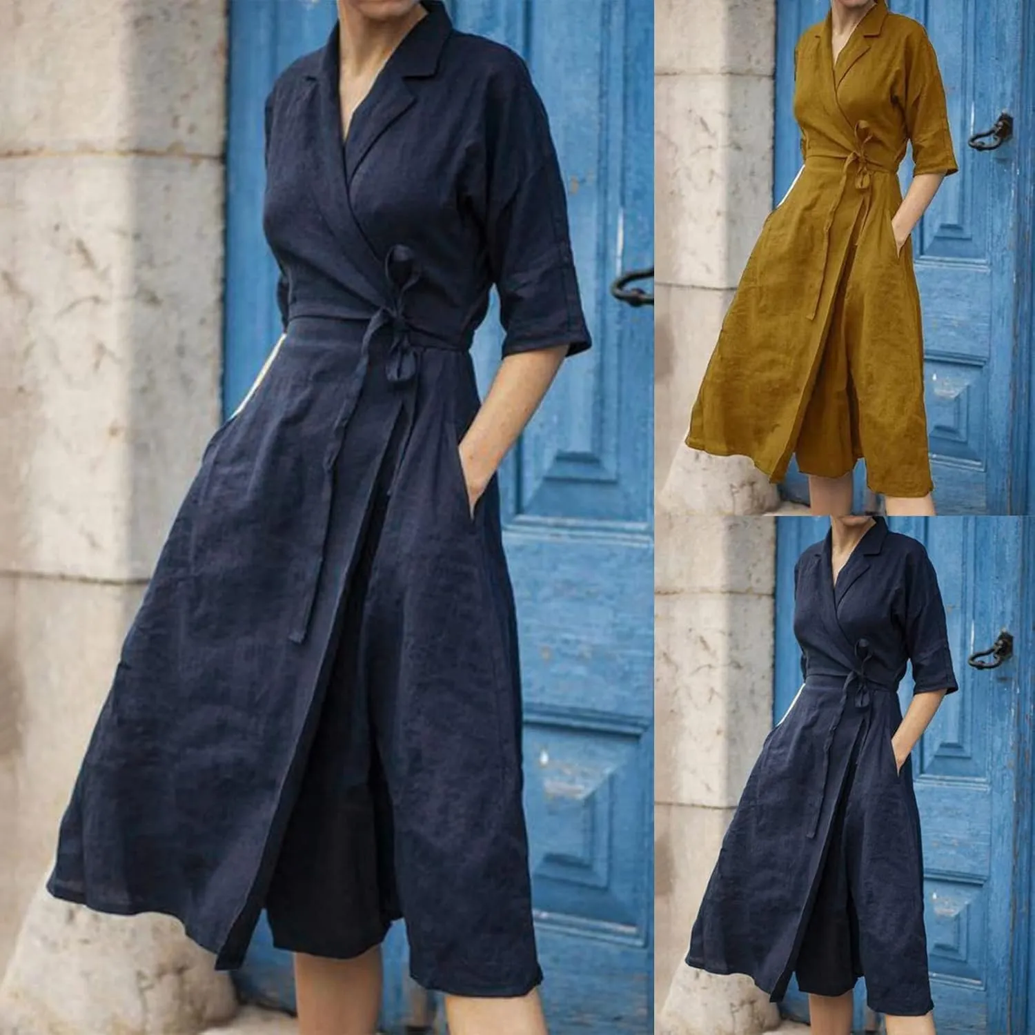 Women Summer Cotton Linen Dresses Wrap V Neck Tie Waist Half Sleeve Casual Elegant Formal Work Shirt Dress with Pocket