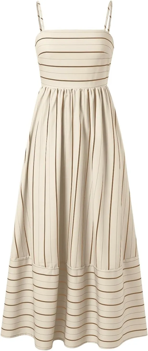 Women Summer Striped Maxi Dresses Spaghetti Strap Cutout Ruffle Long Dress Flowy Swing Beach Vocation Sundress