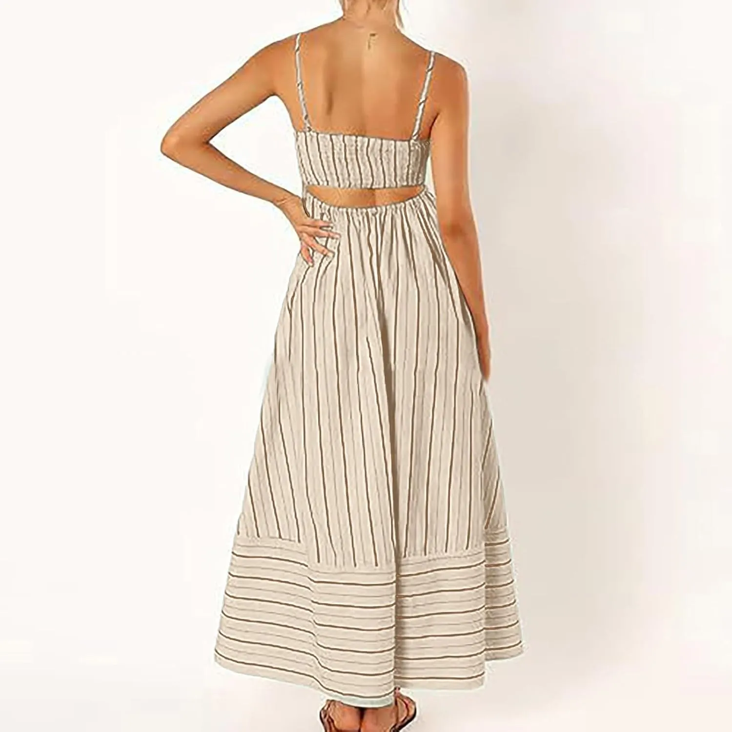 Women Summer Striped Maxi Dresses Spaghetti Strap Cutout Ruffle Long Dress Flowy Swing Beach Vocation Sundress