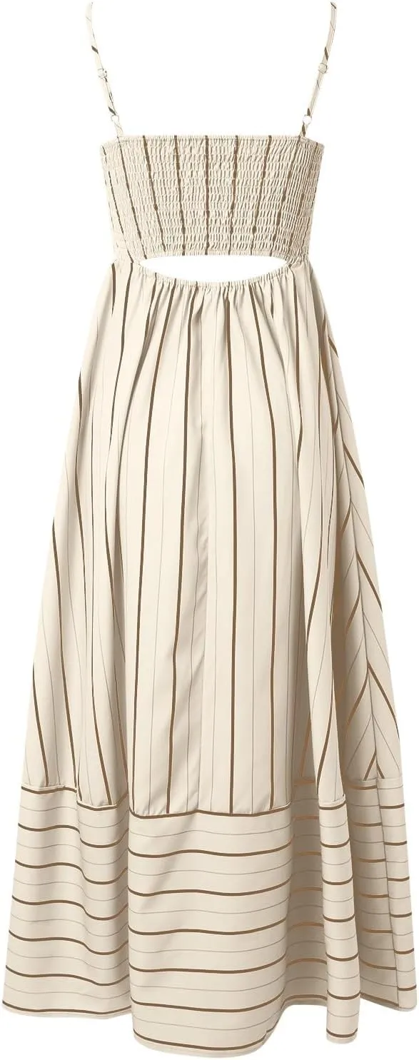 Women Summer Striped Maxi Dresses Spaghetti Strap Cutout Ruffle Long Dress Flowy Swing Beach Vocation Sundress