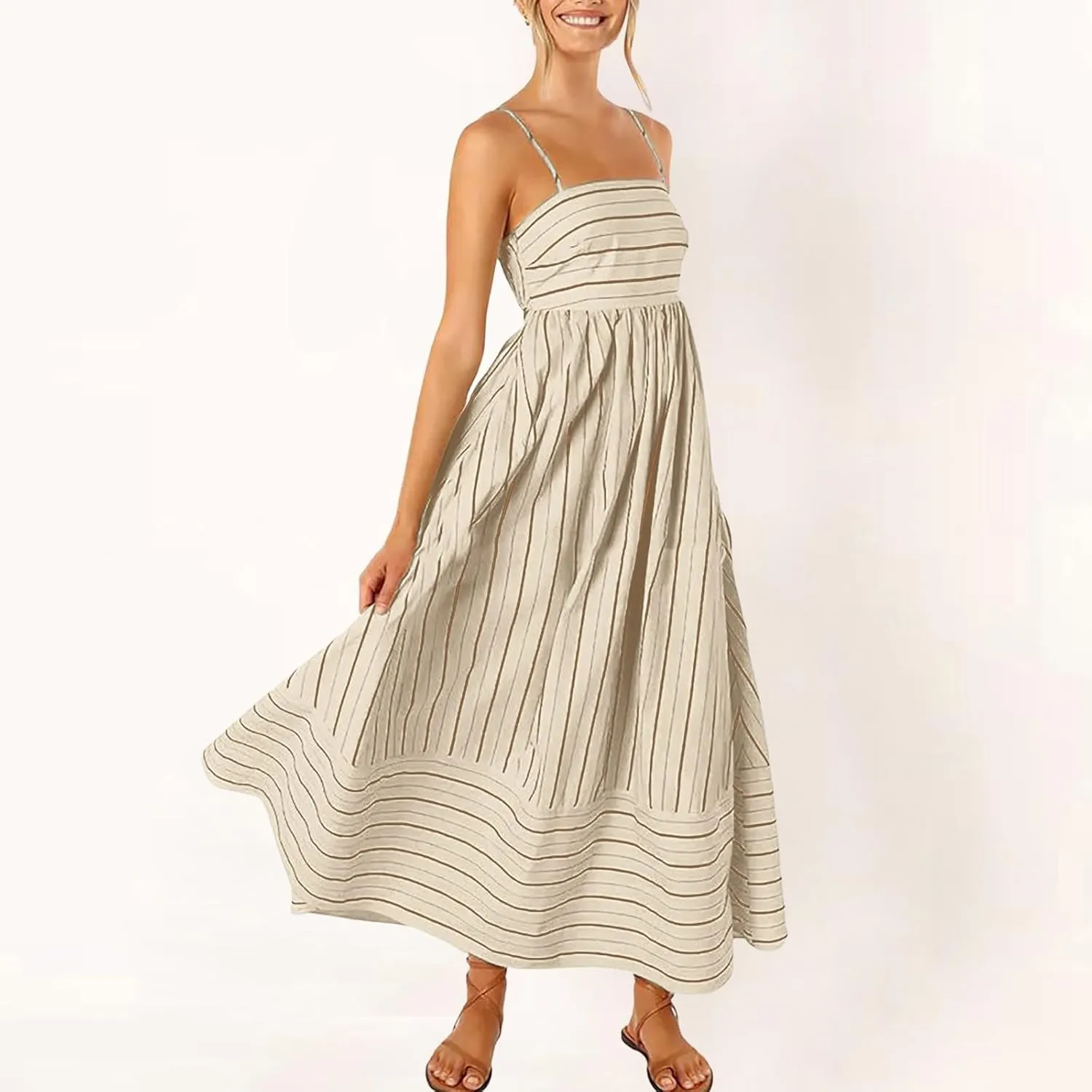 Women Summer Striped Maxi Dresses Spaghetti Strap Cutout Ruffle Long Dress Flowy Swing Beach Vocation Sundress