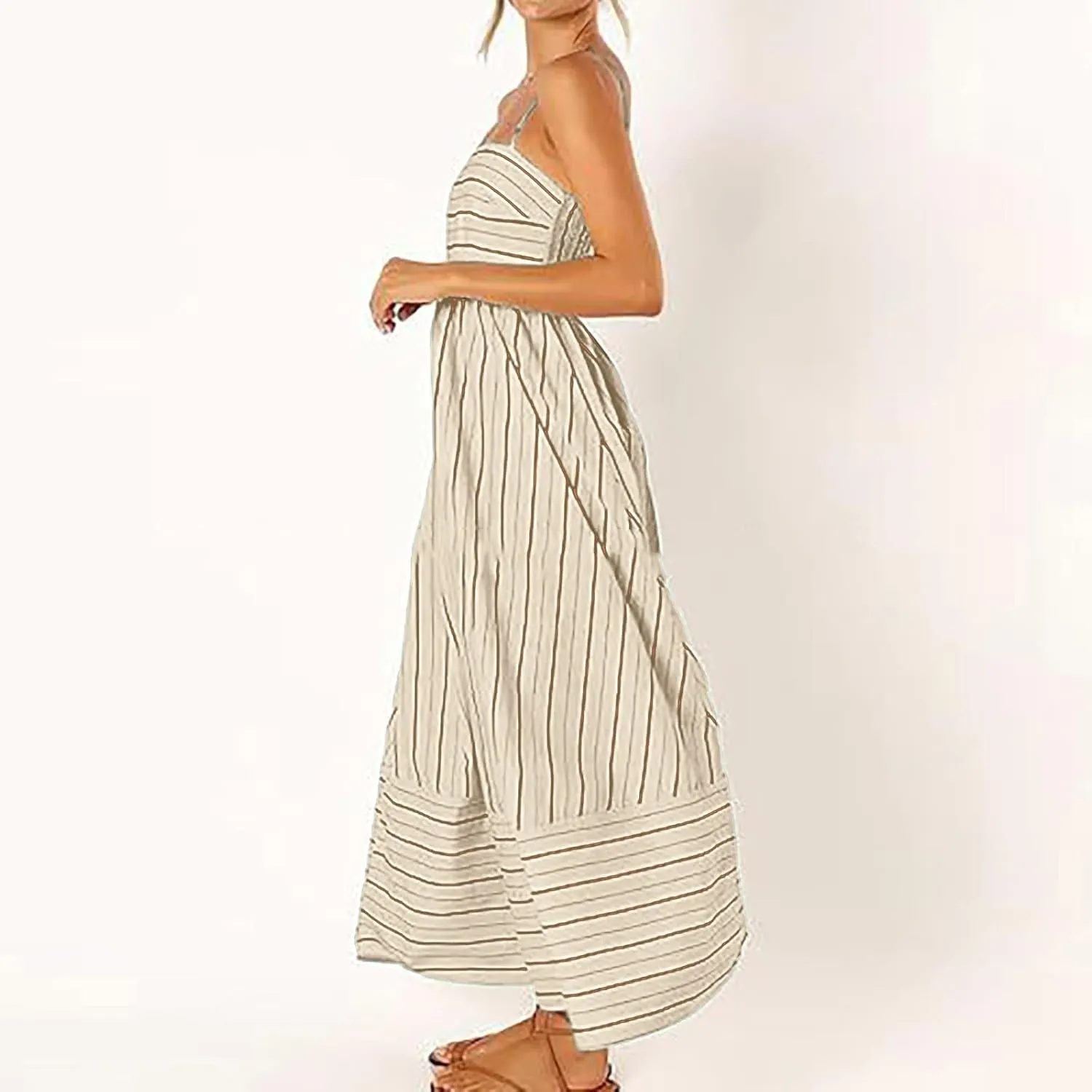 Women Summer Striped Maxi Dresses Spaghetti Strap Cutout Ruffle Long Dress Flowy Swing Beach Vocation Sundress
