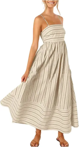 Women Summer Striped Maxi Dresses Spaghetti Strap Cutout Ruffle Long Dress Flowy Swing Beach Vocation Sundress