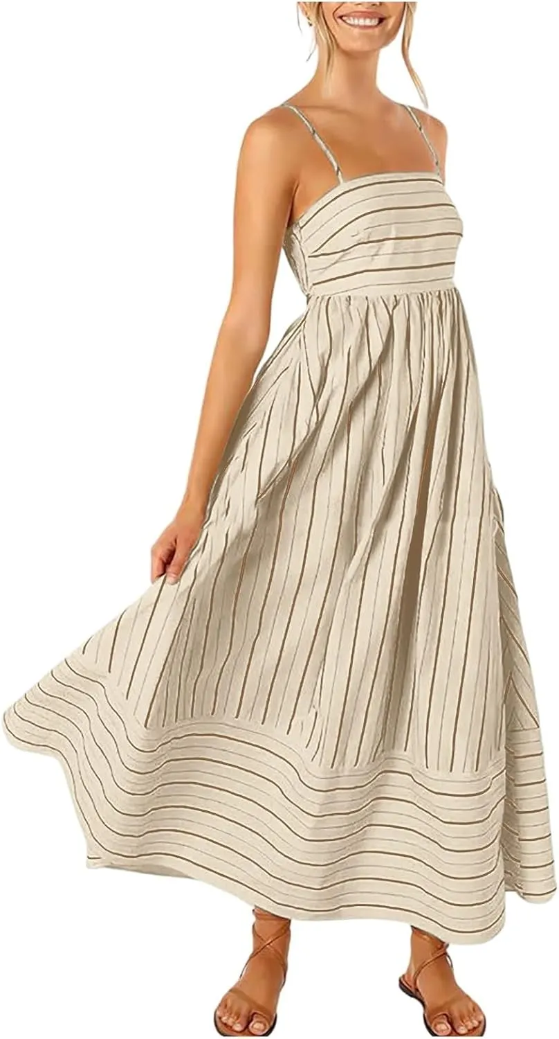 Women Summer Striped Maxi Dresses Spaghetti Strap Cutout Ruffle Long Dress Flowy Swing Beach Vocation Sundress