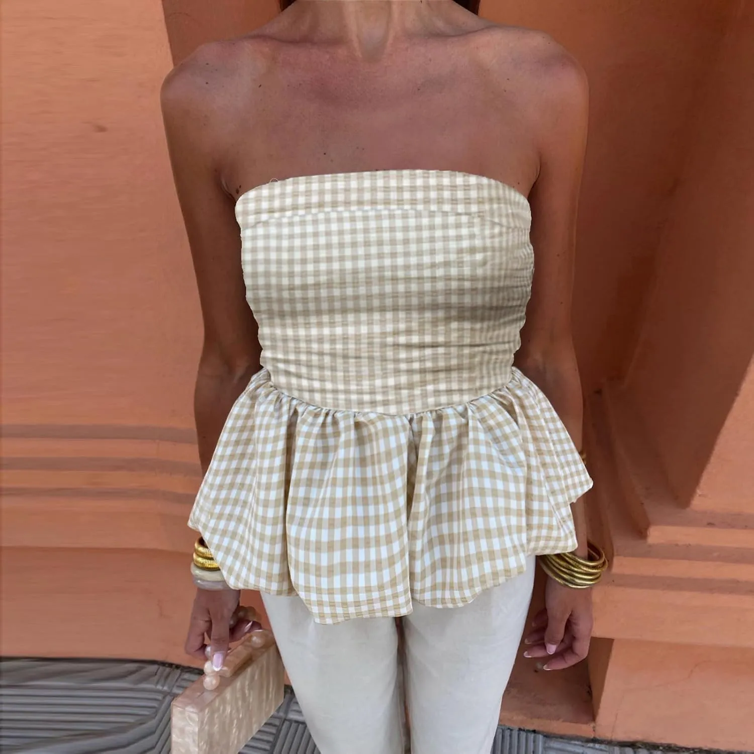 Women Y2k Peplum Tube Top Smocked Back Ruffle Hem Bandeau Top Bubble Hem Strapless Flowy Tank Tops