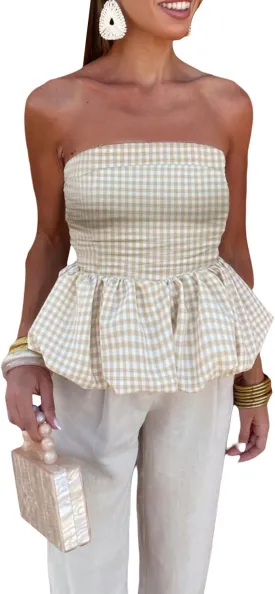 Women Y2k Peplum Tube Top Smocked Back Ruffle Hem Bandeau Top Bubble Hem Strapless Flowy Tank Tops