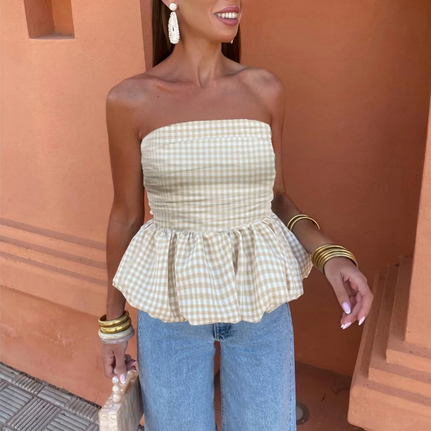Women Y2k Peplum Tube Top Smocked Back Ruffle Hem Bandeau Top Bubble Hem Strapless Flowy Tank Tops
