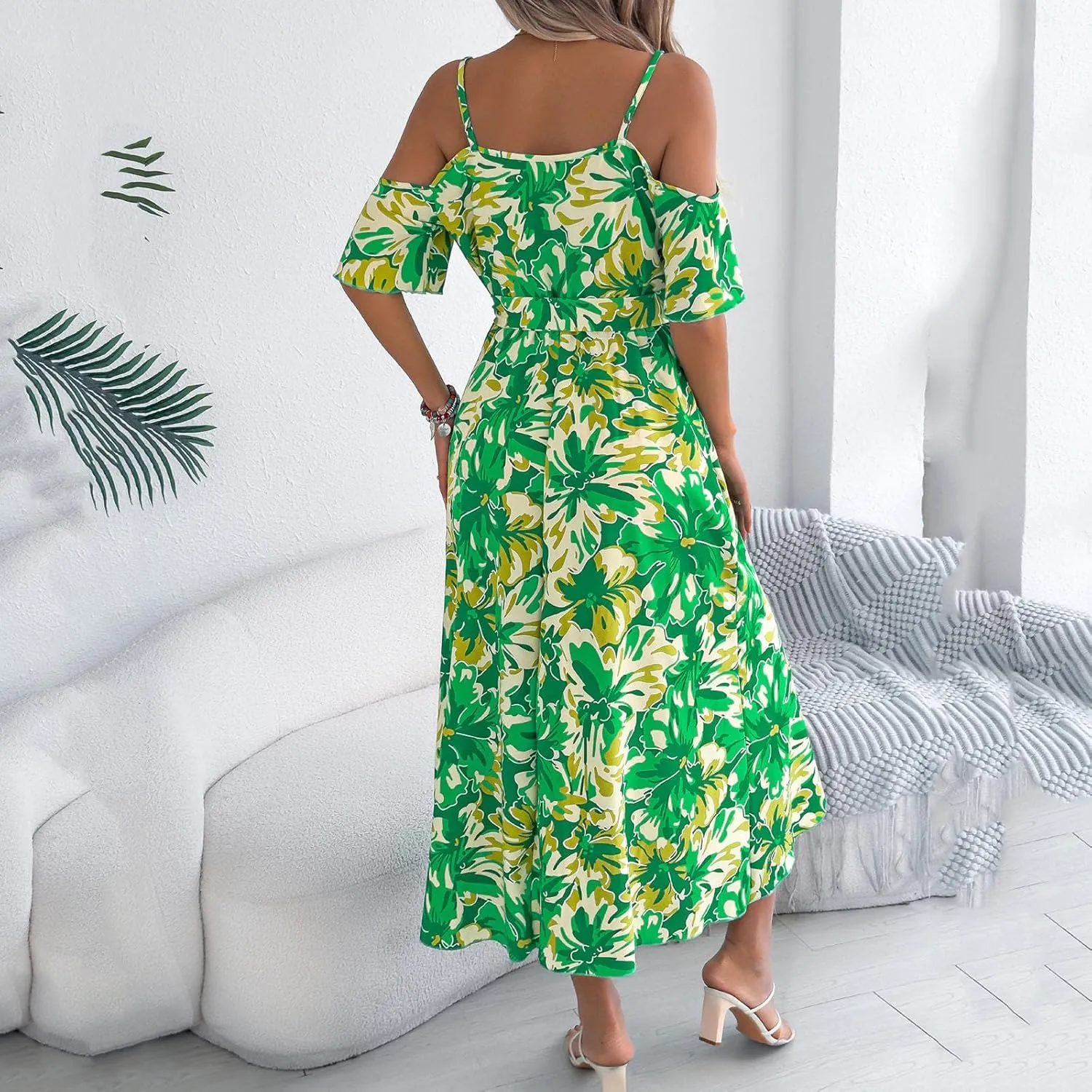 Women's Boho Floral Print Cold Shoulder Dress Short Sleeve Slit Front Belted A Line Beach Vacation Midi Dresses