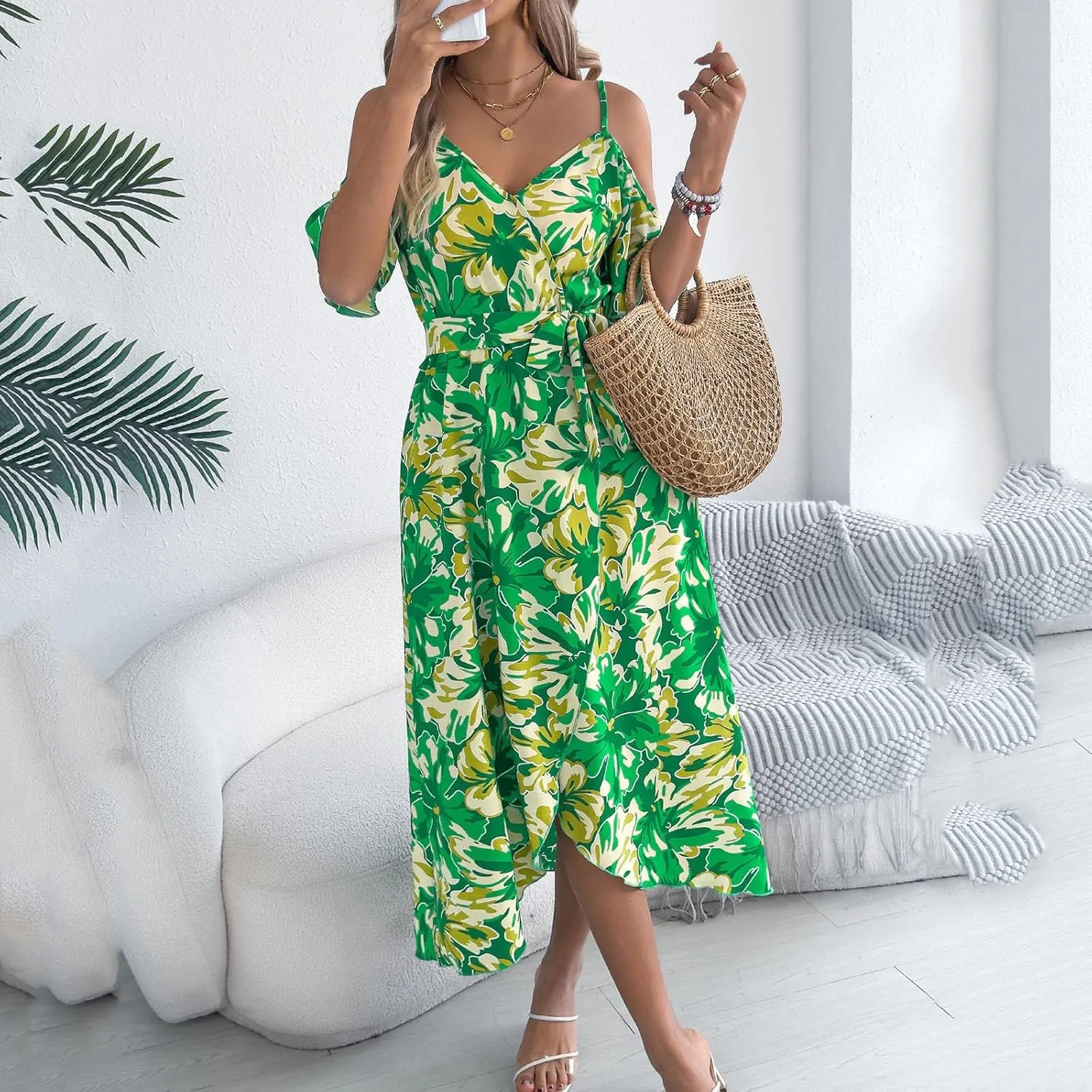 Women's Boho Floral Print Cold Shoulder Dress Short Sleeve Slit Front Belted A Line Beach Vacation Midi Dresses