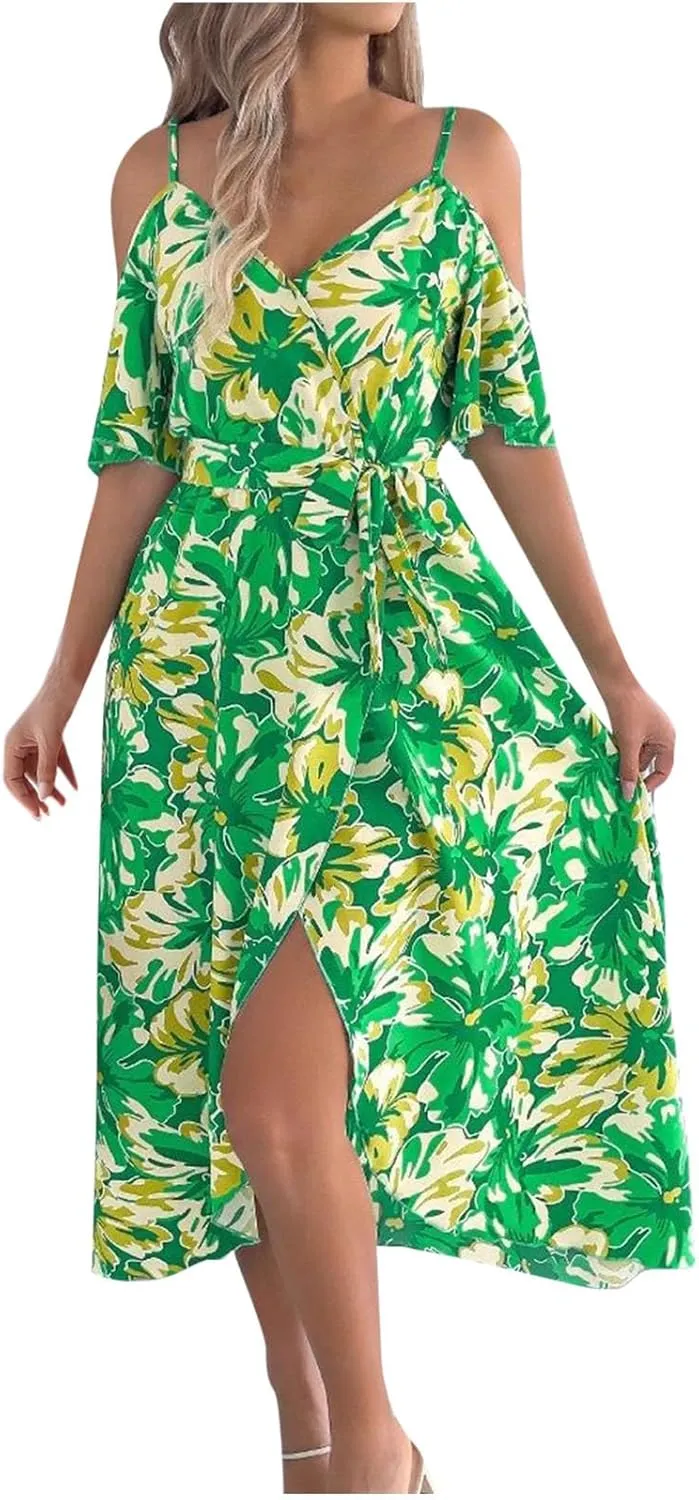 Women's Boho Floral Print Cold Shoulder Dress Short Sleeve Slit Front Belted A Line Beach Vacation Midi Dresses