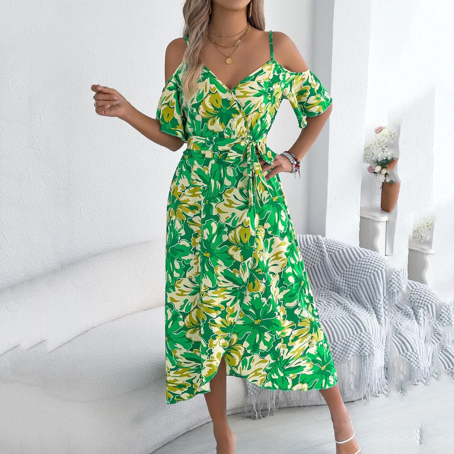 Women's Boho Floral Print Cold Shoulder Dress Short Sleeve Slit Front Belted A Line Beach Vacation Midi Dresses