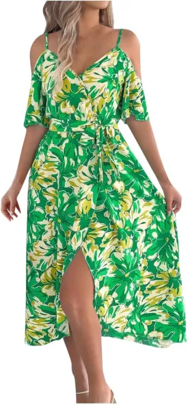 Women's Boho Floral Print Cold Shoulder Dress Short Sleeve Slit Front Belted A Line Beach Vacation Midi Dresses