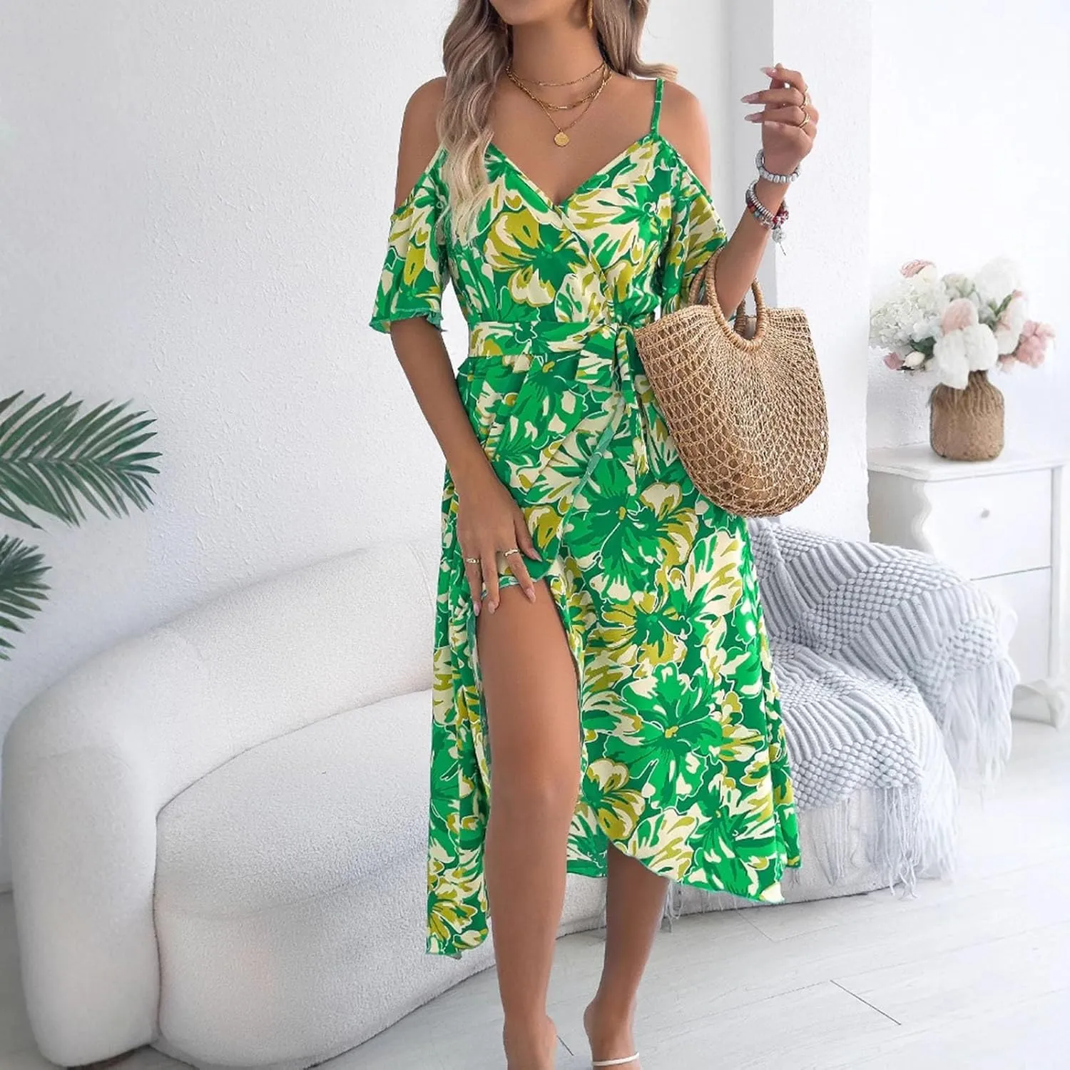 Women's Boho Floral Print Cold Shoulder Dress Short Sleeve Slit Front Belted A Line Beach Vacation Midi Dresses
