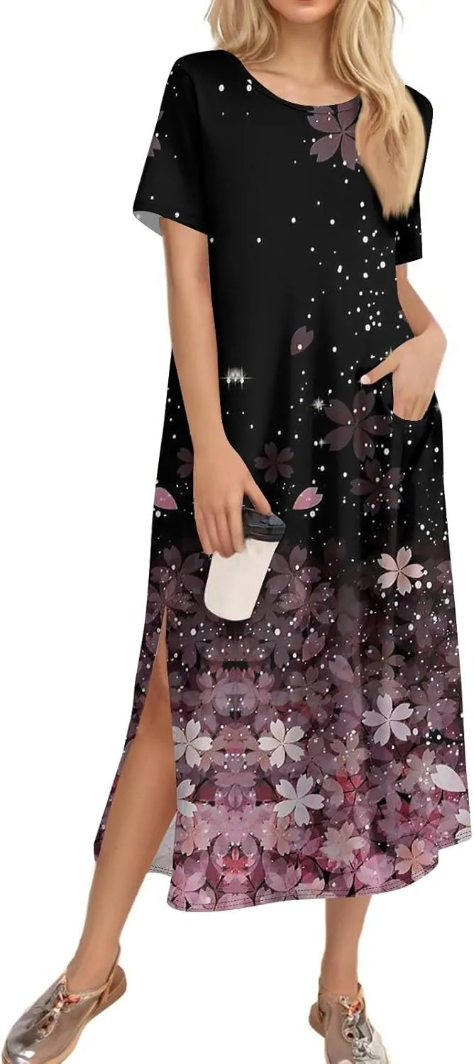 Women's Casual Loose Fit Short Sleeve Midi Beach Dress with Side Slits Comfortable Summer Beach Wear