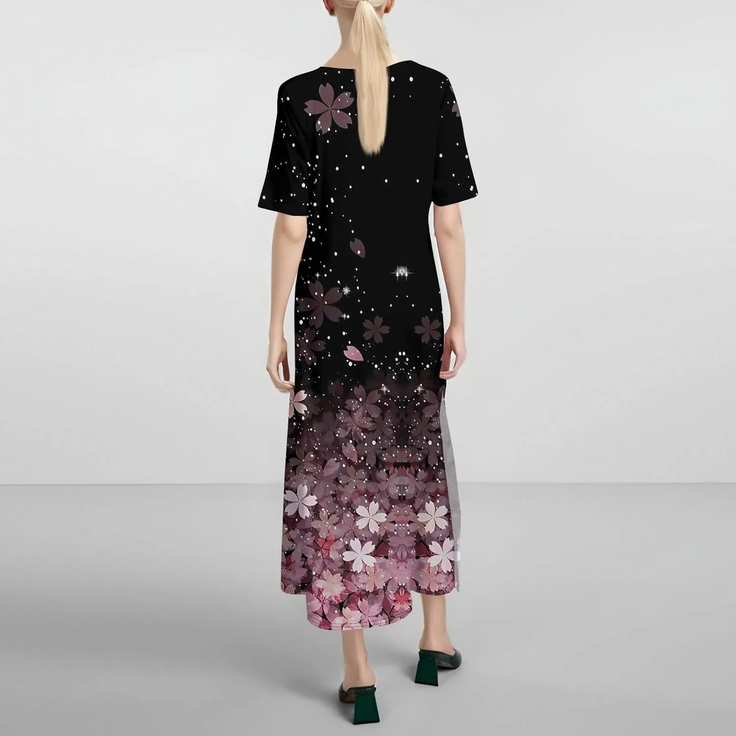 Women's Casual Loose Fit Short Sleeve Midi Beach Dress with Side Slits Comfortable Summer Beach Wear