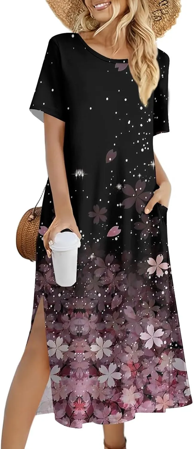 Women's Casual Loose Fit Short Sleeve Midi Beach Dress with Side Slits Comfortable Summer Beach Wear