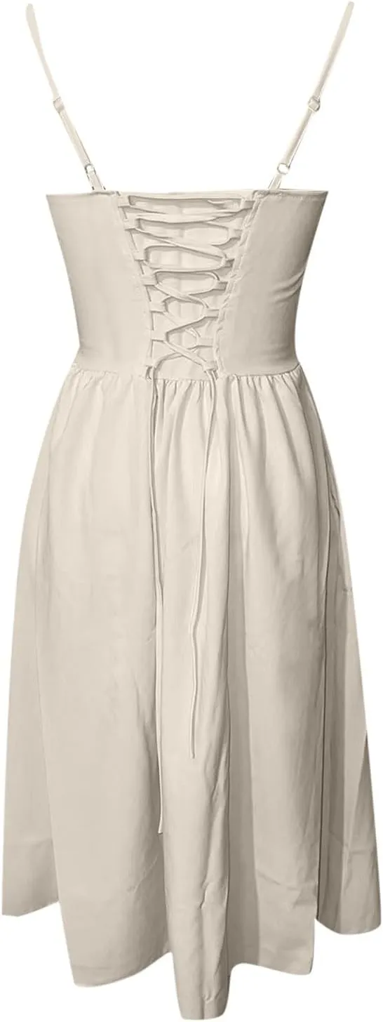 Womens Corset Dress Sexy Spaghetti Strap Bustier Midi Dress Low Cut Flowy Pleated Hem Elegant Formal Dresses with Pocket