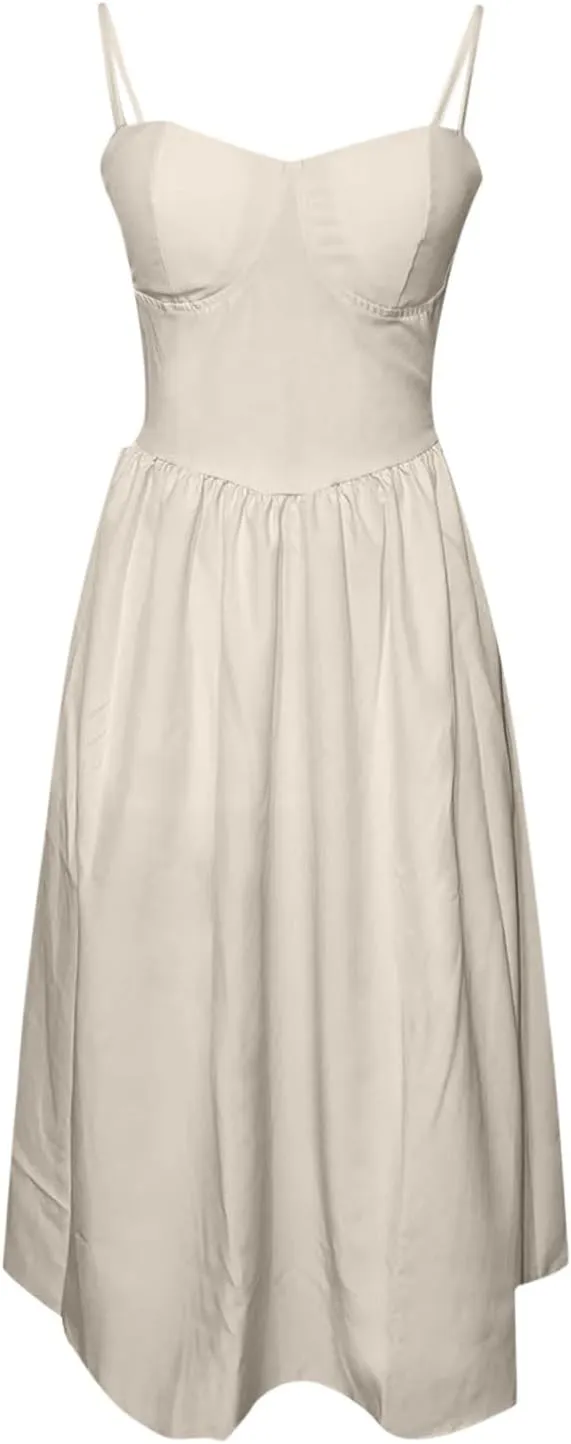 Womens Corset Dress Sexy Spaghetti Strap Bustier Midi Dress Low Cut Flowy Pleated Hem Elegant Formal Dresses with Pocket