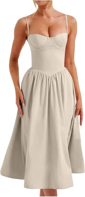 Womens Corset Dress Sexy Spaghetti Strap Bustier Midi Dress Low Cut Flowy Pleated Hem Elegant Formal Dresses with Pocket