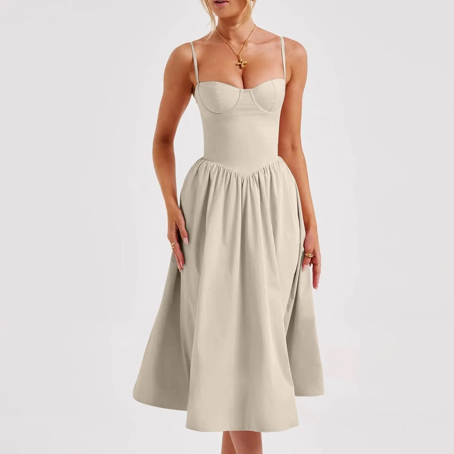 Womens Corset Dress Sexy Spaghetti Strap Bustier Midi Dress Low Cut Flowy Pleated Hem Elegant Formal Dresses with Pocket