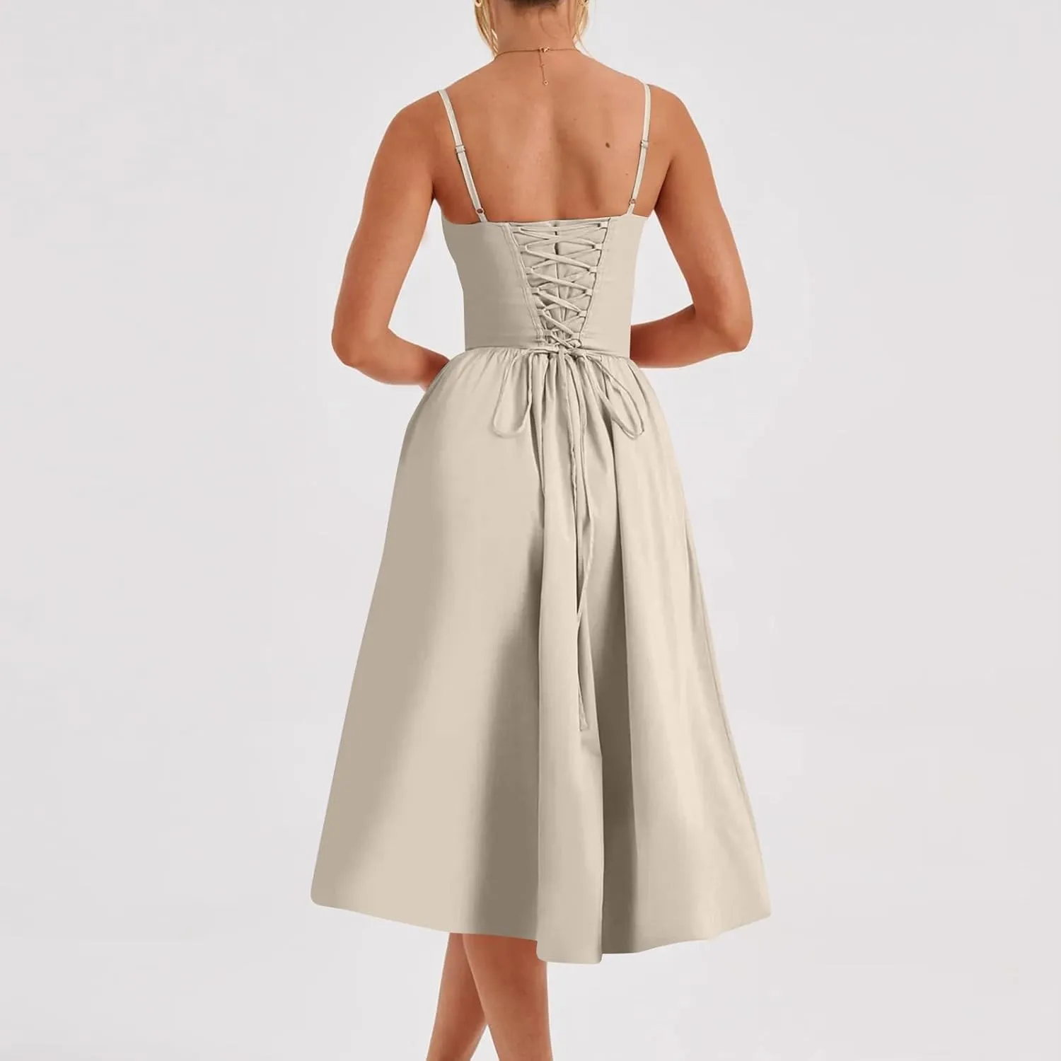 Womens Corset Dress Sexy Spaghetti Strap Bustier Midi Dress Low Cut Flowy Pleated Hem Elegant Formal Dresses with Pocket