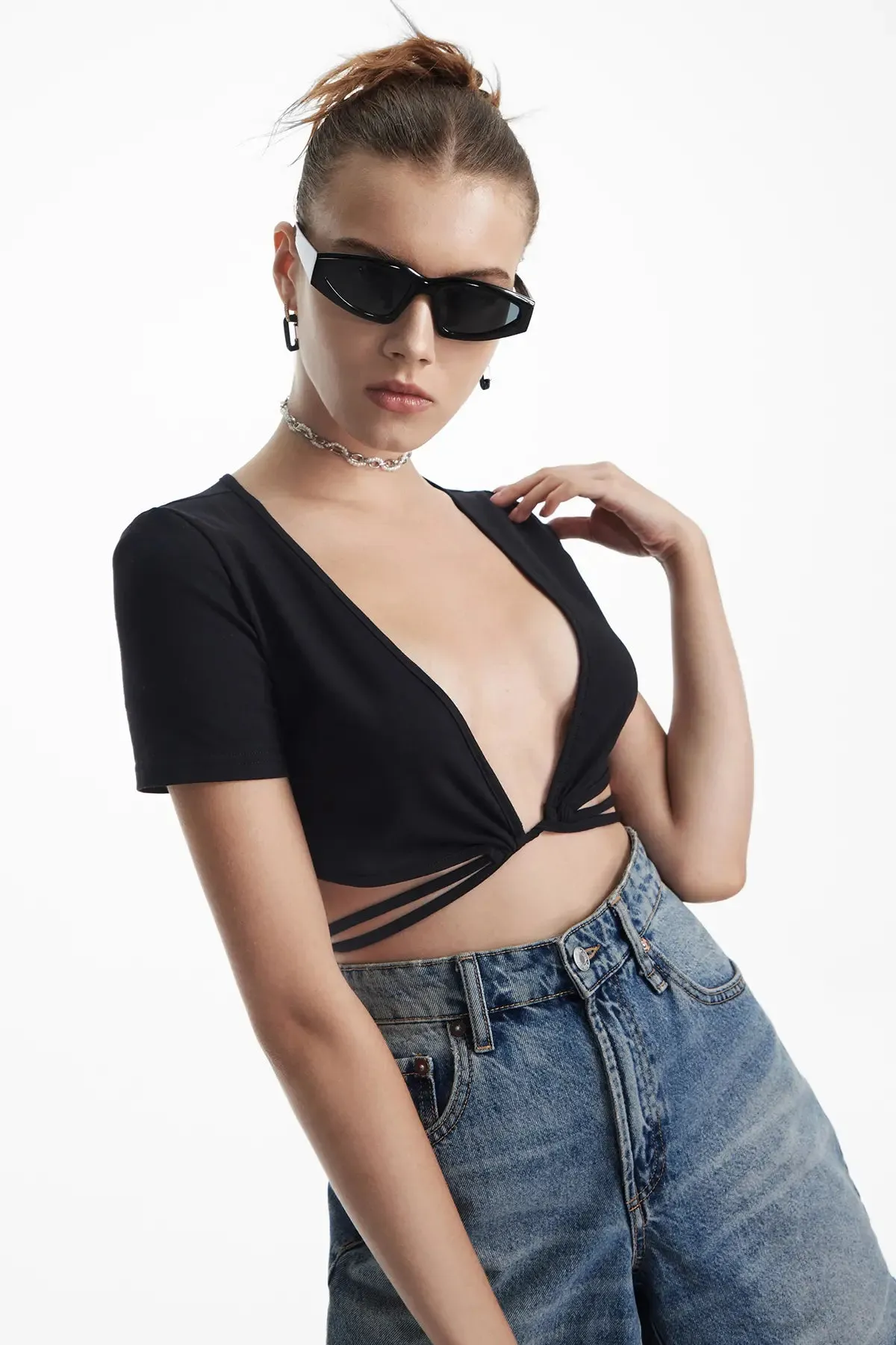 Women's Drawstring Deep V Neck Crop Top