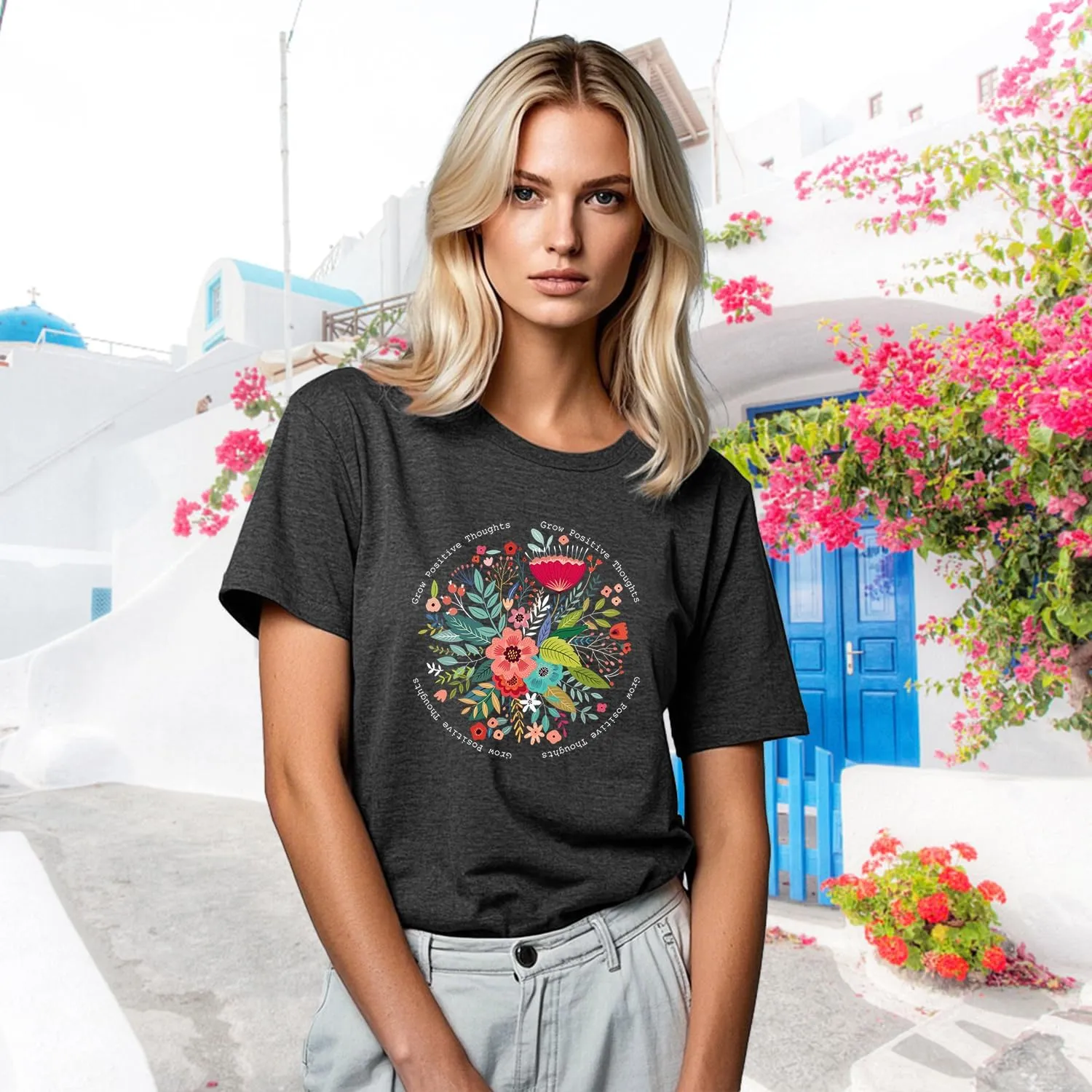 Womens Inspirational Shirts Grow Positive Thoughts T-Shirt Motivational Floral Wildflower Tee