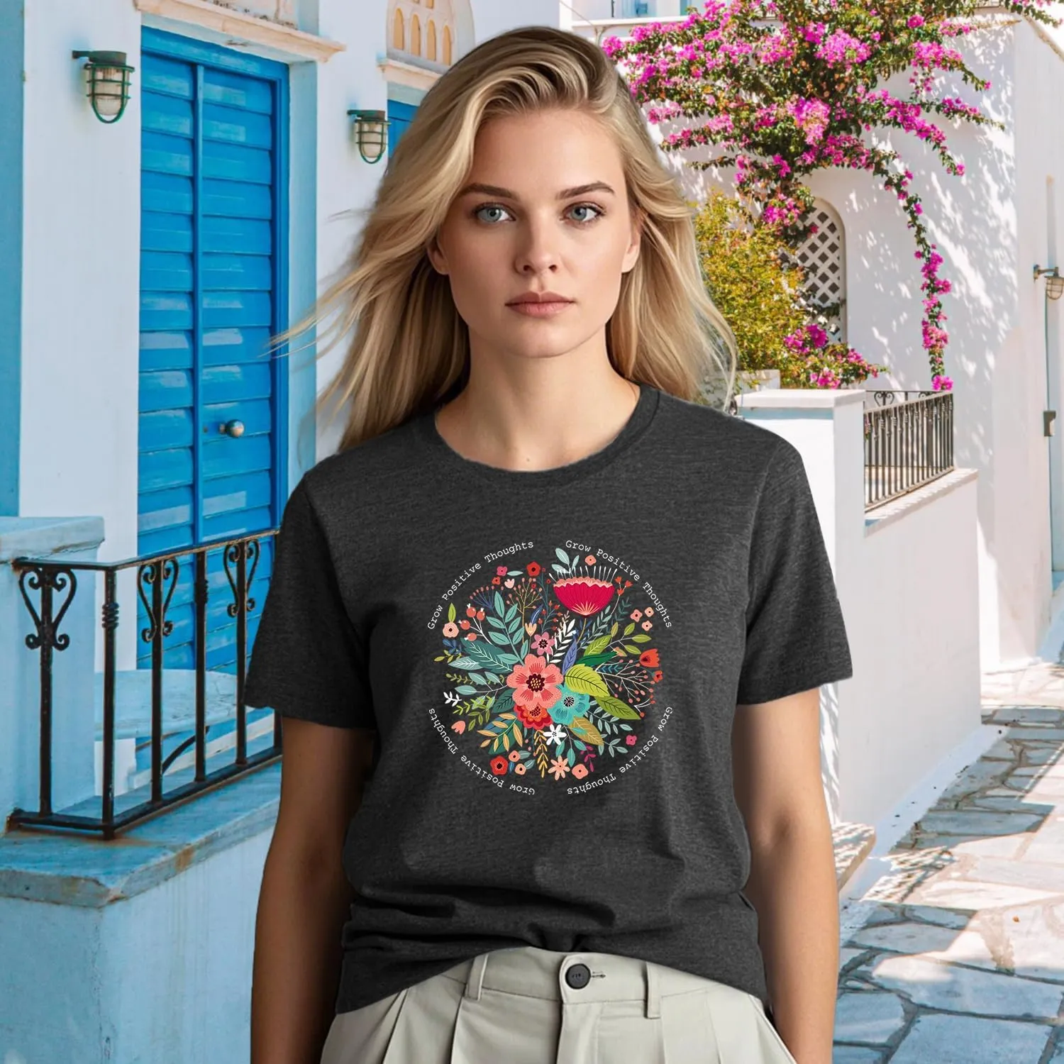 Womens Inspirational Shirts Grow Positive Thoughts T-Shirt Motivational Floral Wildflower Tee