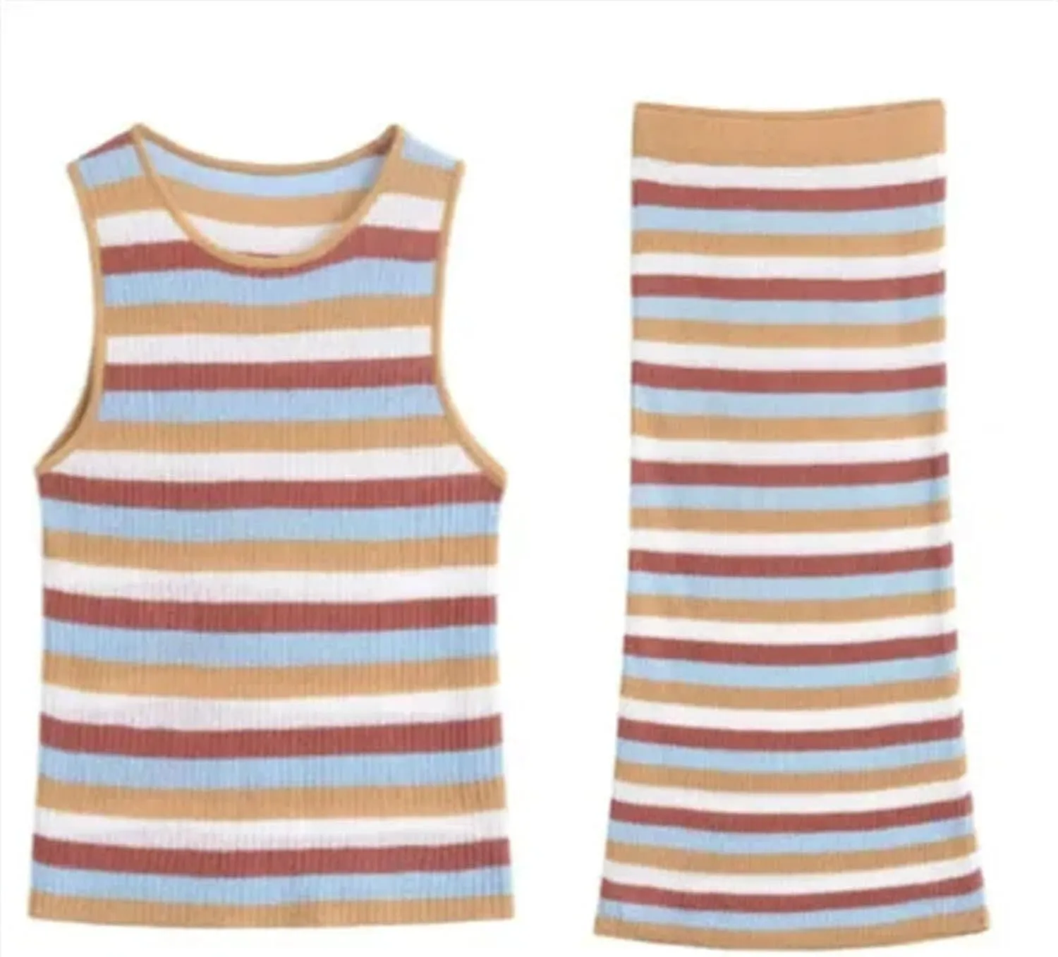 Women's Knit Skirt Set - Striped Vest Top & Tiered Midi Skirt