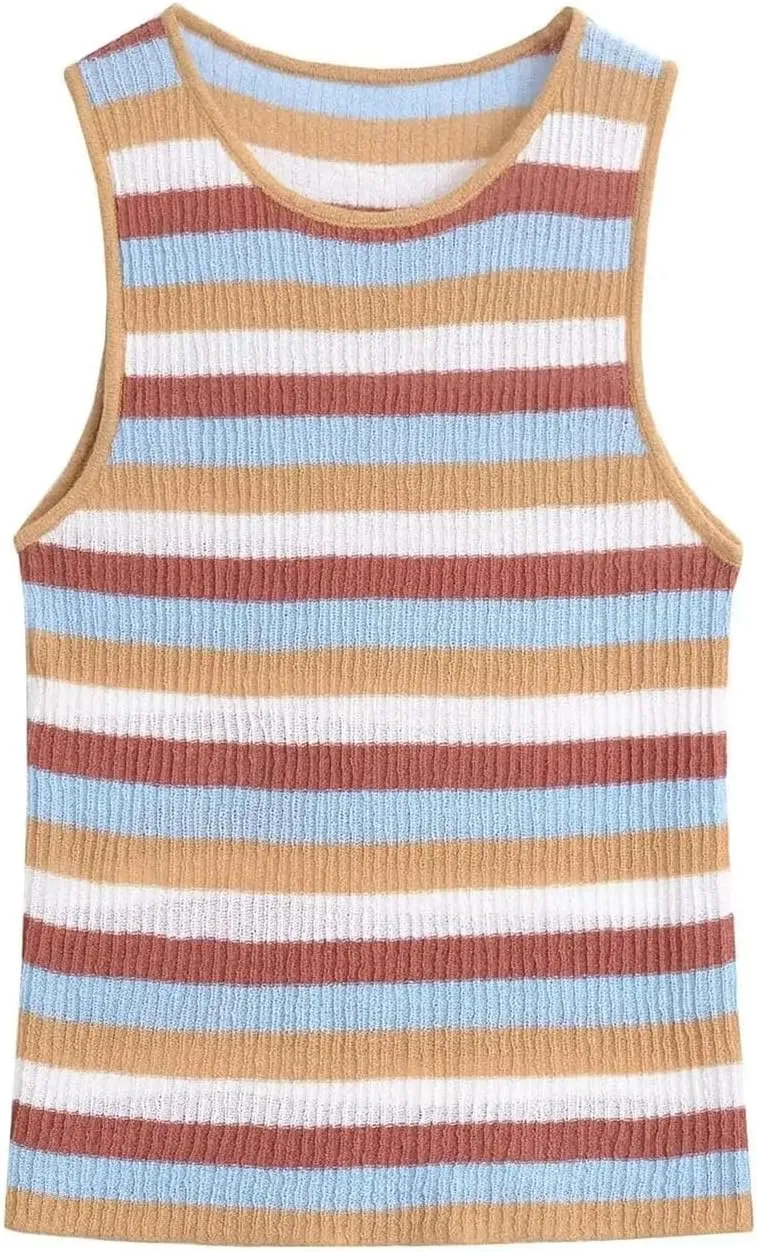 Women's Knit Skirt Set - Striped Vest Top & Tiered Midi Skirt