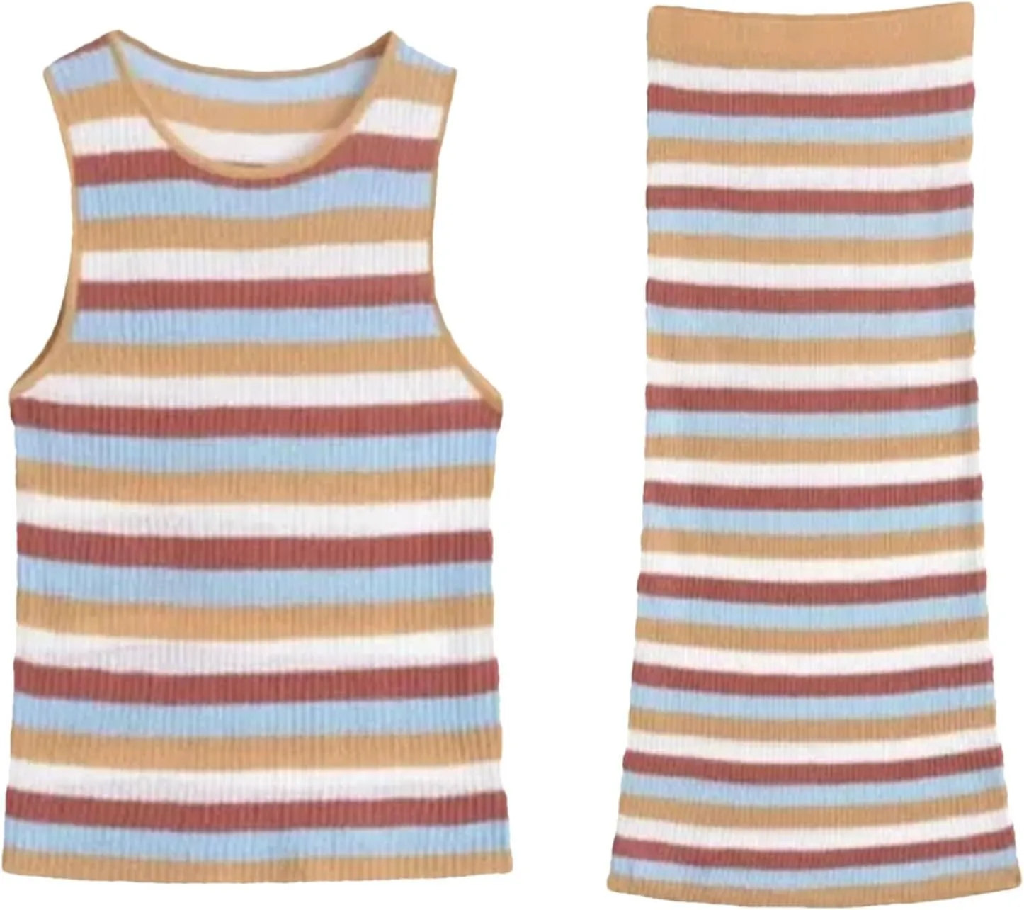 Women's Knit Skirt Set - Striped Vest Top & Tiered Midi Skirt