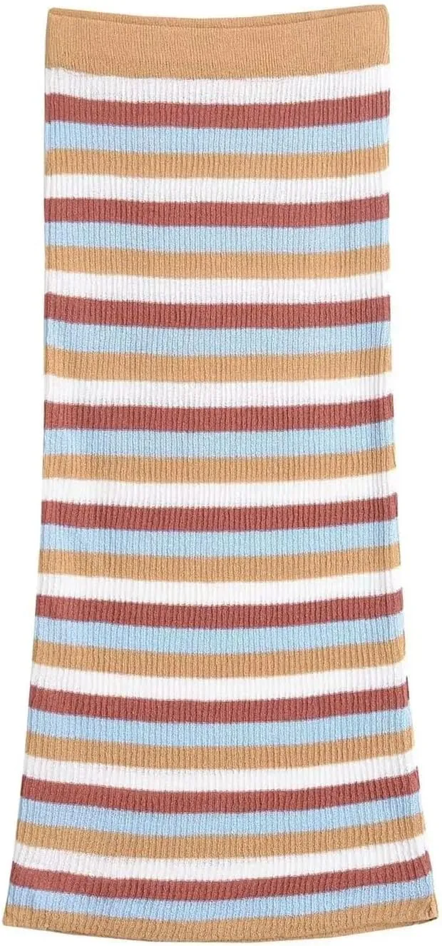 Women's Knit Skirt Set - Striped Vest Top & Tiered Midi Skirt