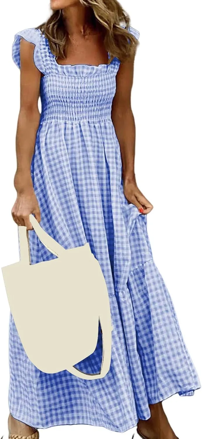 Women's Retro Plaid Smocked Dress Square Neck Spaghetti Strap Summer Boho Ruffle Casual Flowy Beach Maxi Dresses