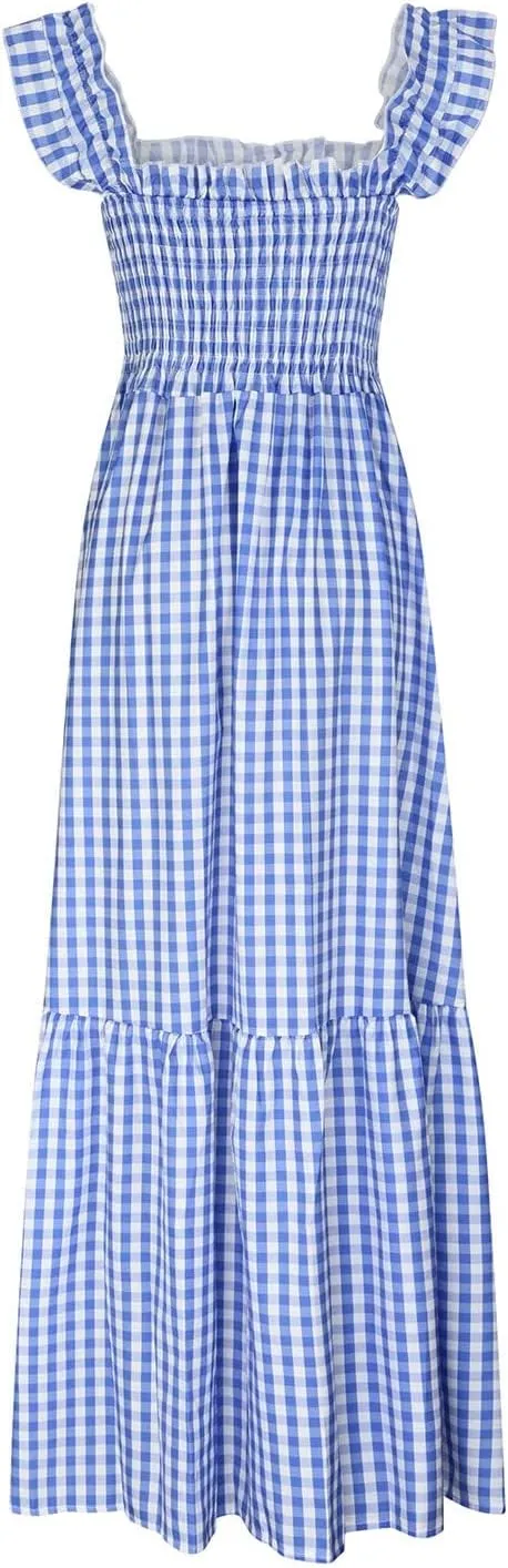 Women's Retro Plaid Smocked Dress Square Neck Spaghetti Strap Summer Boho Ruffle Casual Flowy Beach Maxi Dresses