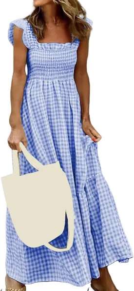 Women's Retro Plaid Smocked Dress Square Neck Spaghetti Strap Summer Boho Ruffle Casual Flowy Beach Maxi Dresses