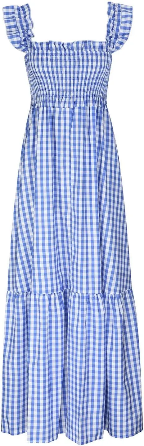 Women's Retro Plaid Smocked Dress Square Neck Spaghetti Strap Summer Boho Ruffle Casual Flowy Beach Maxi Dresses