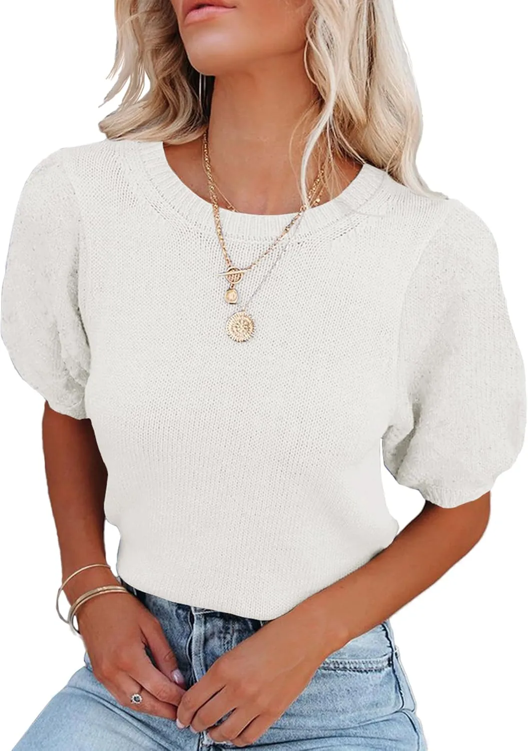 Womens Short Sleeve Sweaters Crewneck Knit Pullover Tops 2025 Summer Casual Lightweight Crochet Blouse Shirt