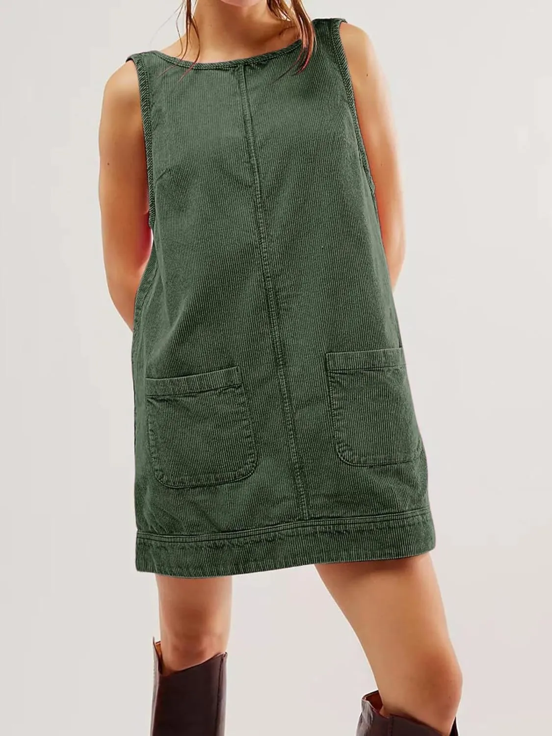 Womens Sleeveless Corduroy Overall Dress Cute Crewneck Jumper Dress Mini A Line Pinafore Dress with Pockets