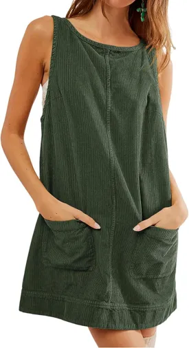 Womens Sleeveless Corduroy Overall Dress Cute Crewneck Jumper Dress Mini A Line Pinafore Dress with Pockets