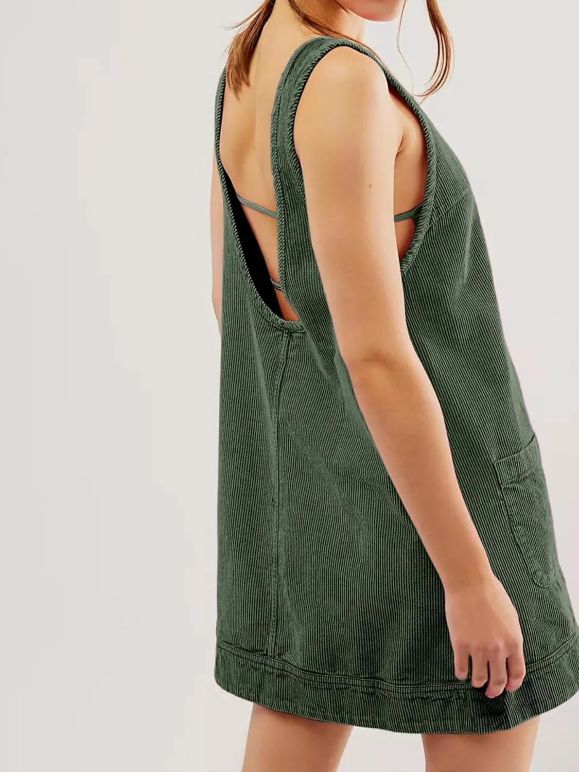 Womens Sleeveless Corduroy Overall Dress Cute Crewneck Jumper Dress Mini A Line Pinafore Dress with Pockets