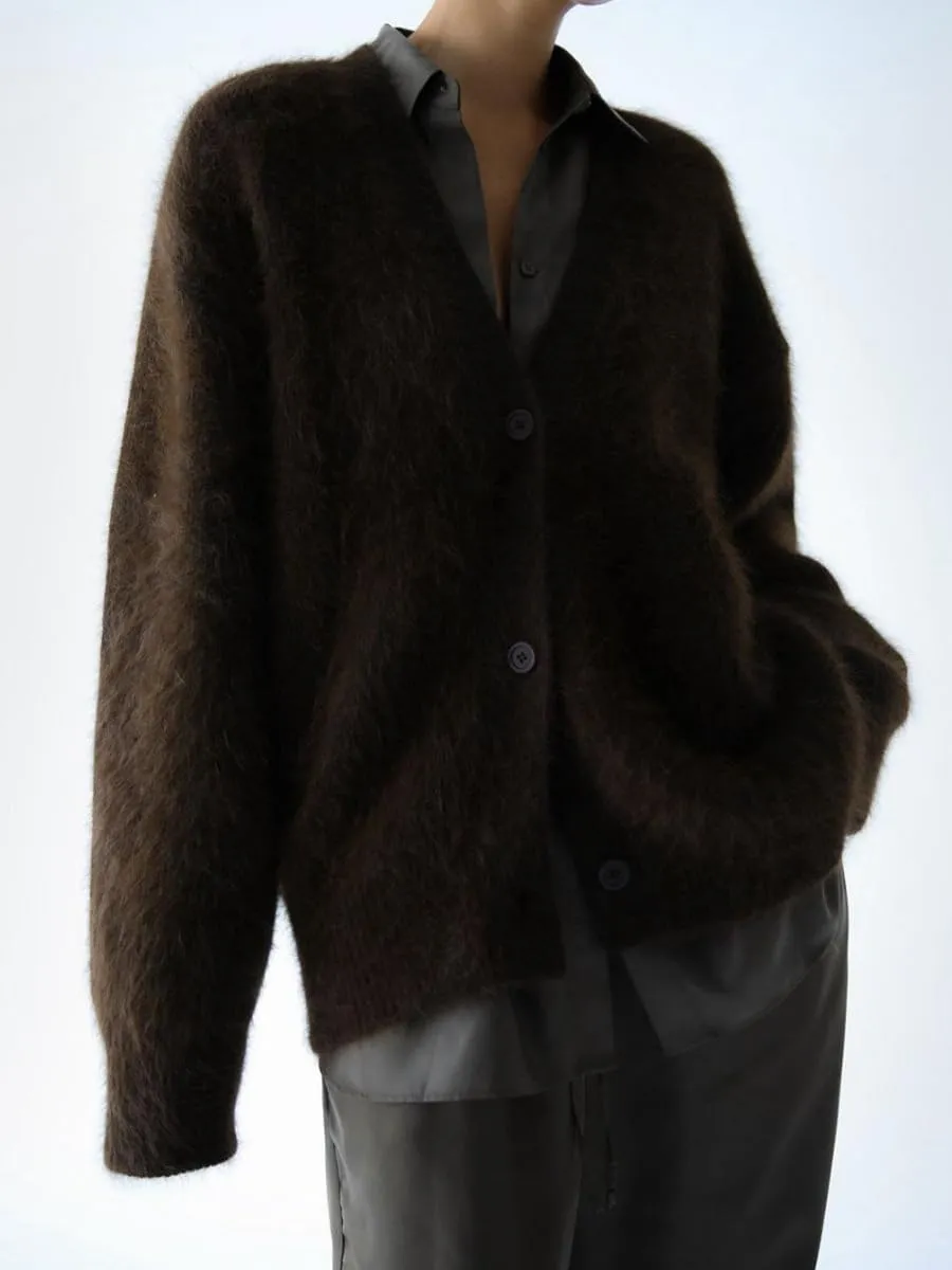 Women's Slouchy Fuzzy Cardigan Sweater - V Neck Long Sleeve Button Down Furry Knitwear for Fall, Plus Size