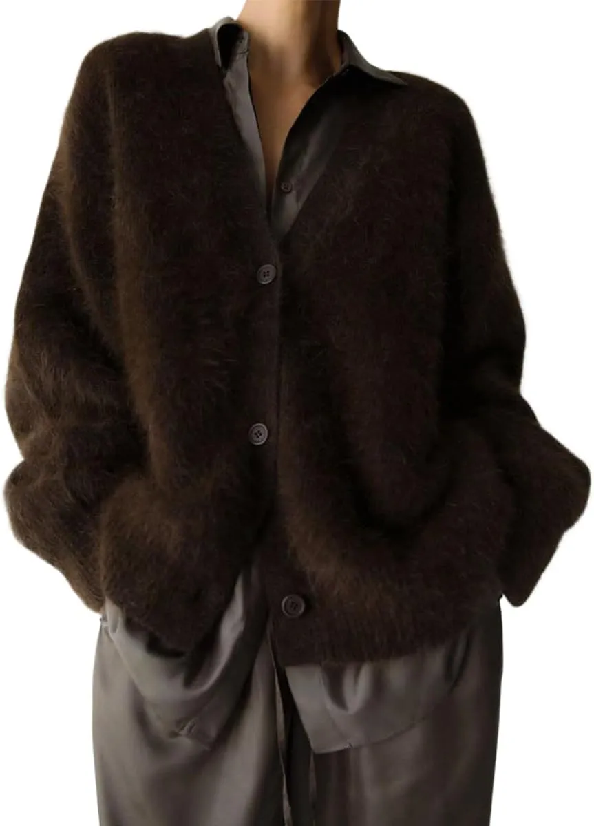 Women's Slouchy Fuzzy Cardigan Sweater - V Neck Long Sleeve Button Down Furry Knitwear for Fall, Plus Size