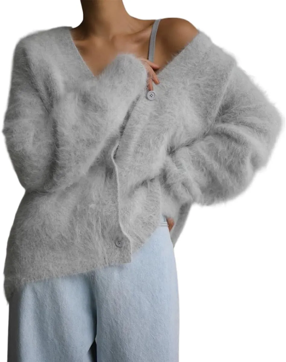 Women's Slouchy Fuzzy Cardigan Sweater - V Neck Long Sleeve Button Down Furry Knitwear for Fall, Plus Size