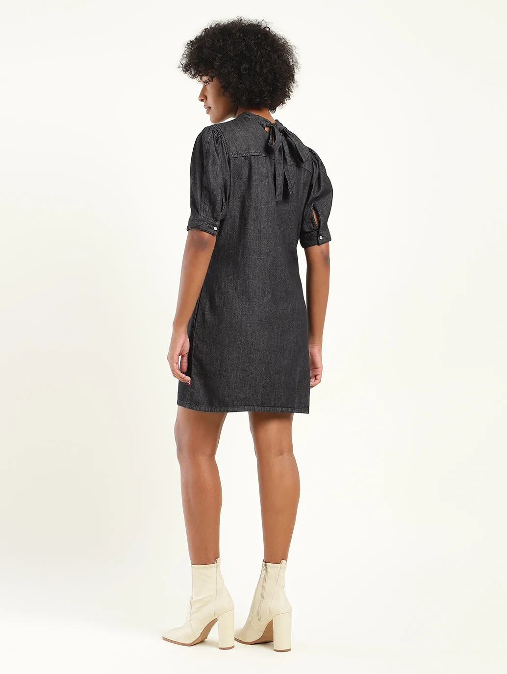 Women's Solid Blue High Neck Dress