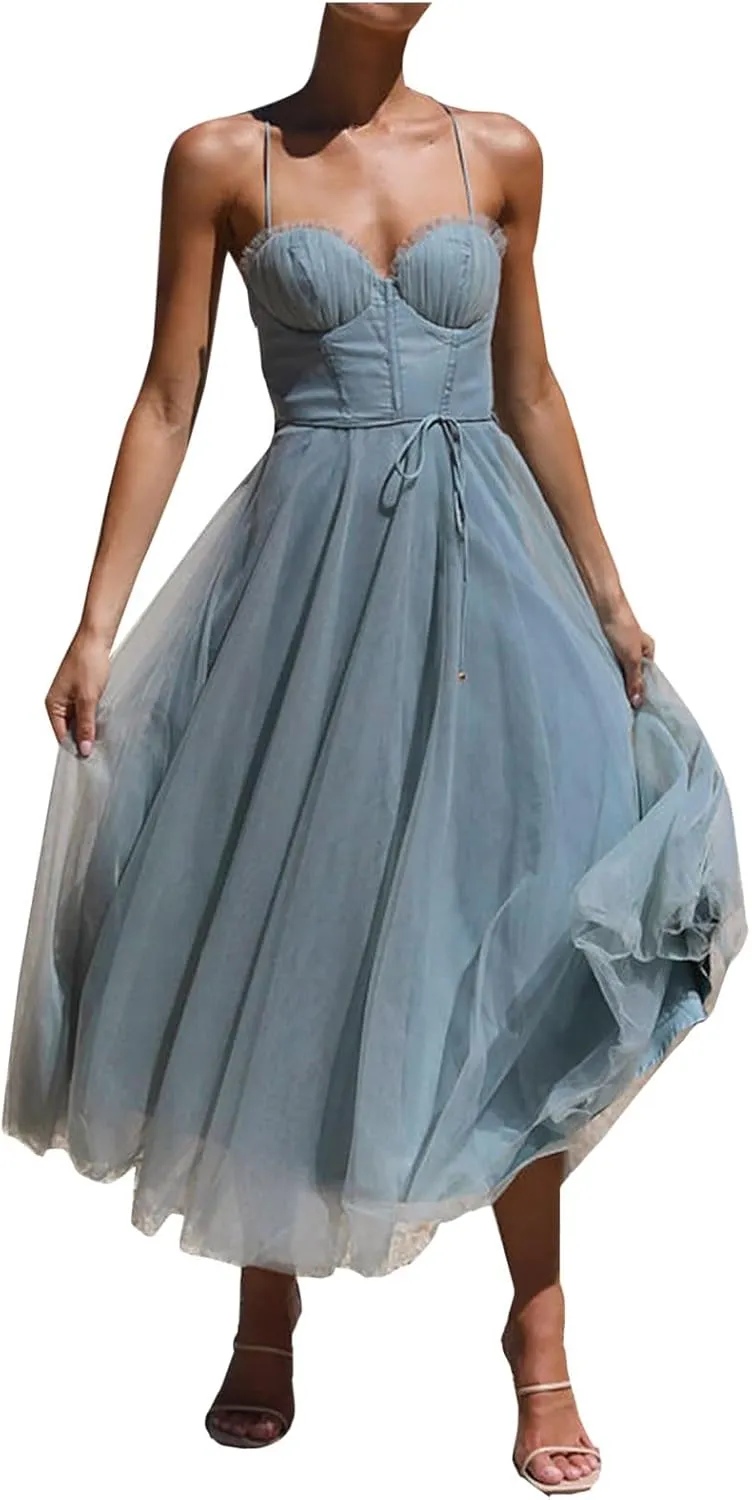 Womens Spaghetti Straps Tulle Prom Dress Tea Length Formal Party Evening Dress Flowy Wedding Guest Bridesmaid Dresses