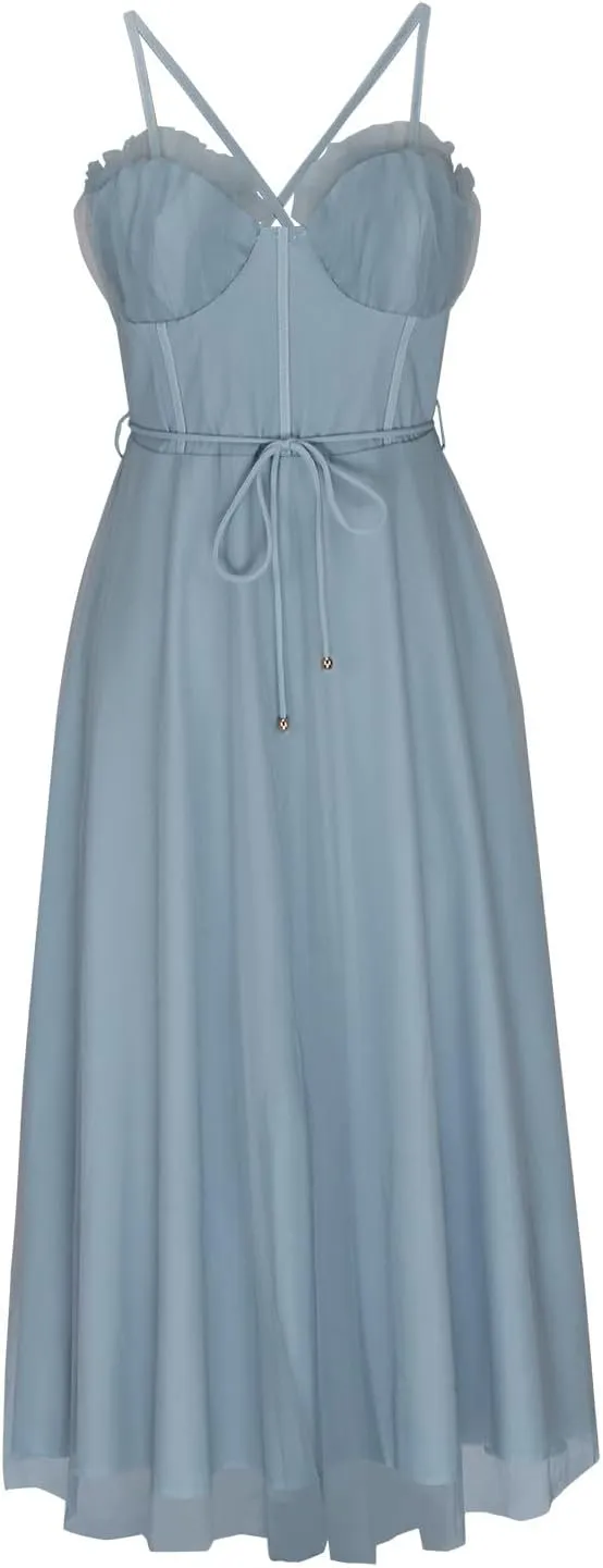 Womens Spaghetti Straps Tulle Prom Dress Tea Length Formal Party Evening Dress Flowy Wedding Guest Bridesmaid Dresses