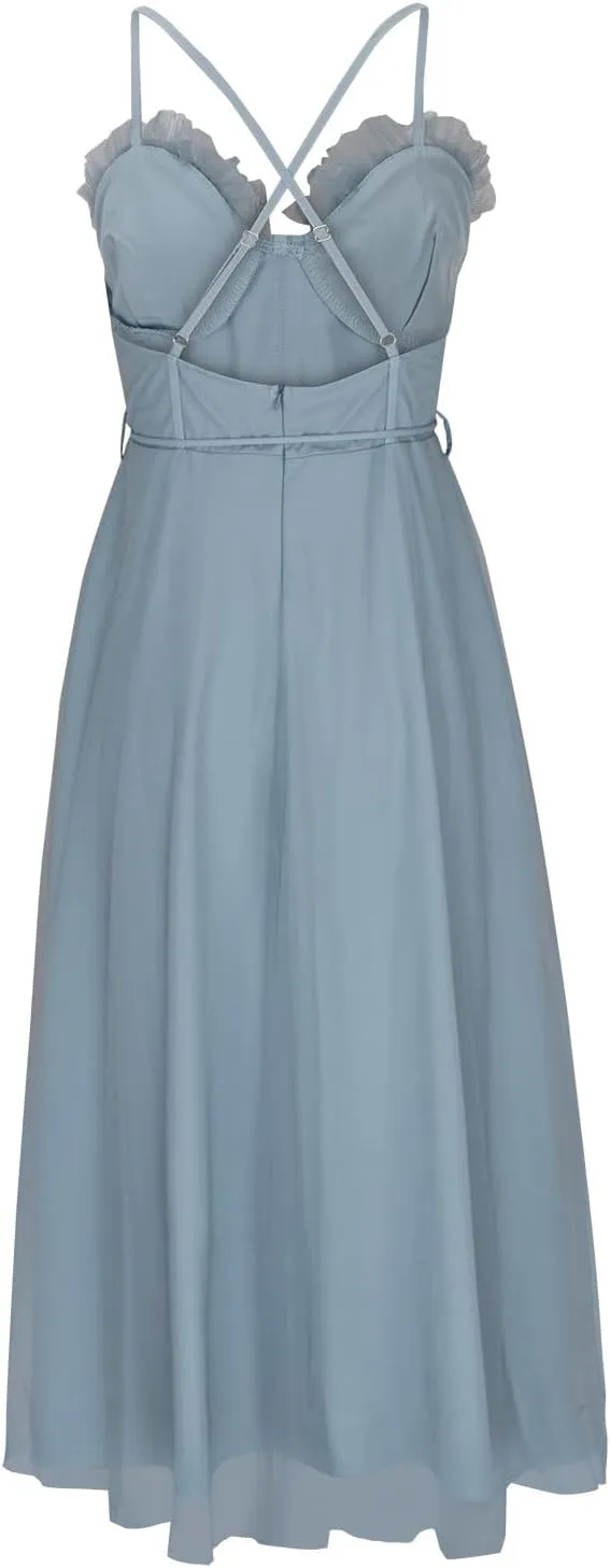 Womens Spaghetti Straps Tulle Prom Dress Tea Length Formal Party Evening Dress Flowy Wedding Guest Bridesmaid Dresses